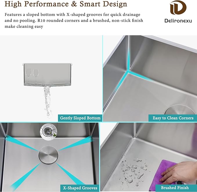 16 Inch Bar Sink Undermount – Delironexu 18 Gauge Stainless Steel Small Kitchen Sink, 16"x18"x8" Small Bar Sinks, Wet bar sink with Brushed Finish for Outdoor, RV, and Prep Use