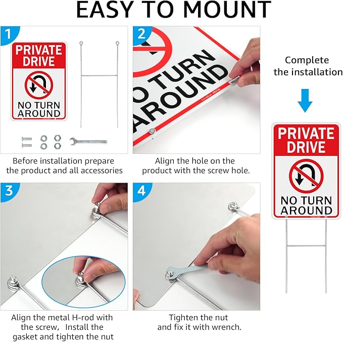 GicnKeuz Private Driveway No Turn Around with metal stake Signs, 14 x 10 Inches Reflective Aluminum Signs, Fade Resistant/Waterproof, Easy to Install, Outdoor Use （2 - Pack）