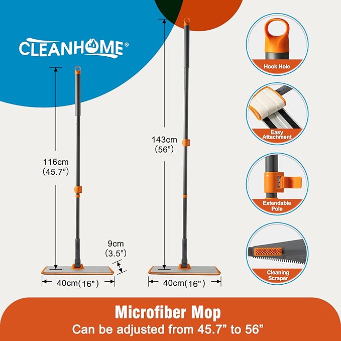 Microfiber Mop Floor Dust Mop with Extendable Long Handle, Flat Mop with 4 Reusable Pads and 1 Dirt Removal Scrubber, Suitable for Home Kitchen Bathroom Living Room Cleaning