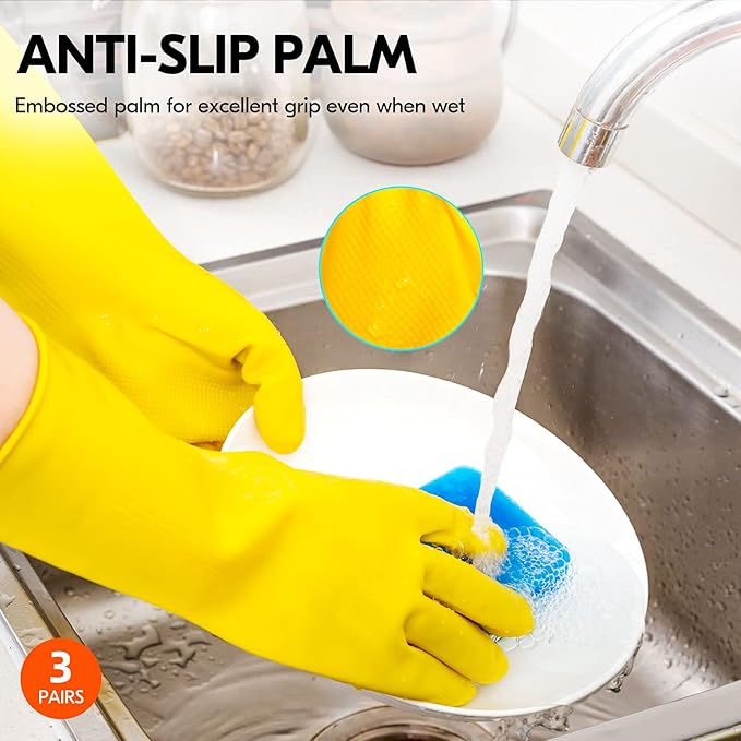 Vgo... 3-Pairs Reusable Household Gloves, Rubber Dishwashing gloves, Extra Thickness, Long Sleeves, Kitchen Cleaning, Working, Painting, Gardening, Pet Care (Size L, Yellow, HH4601)