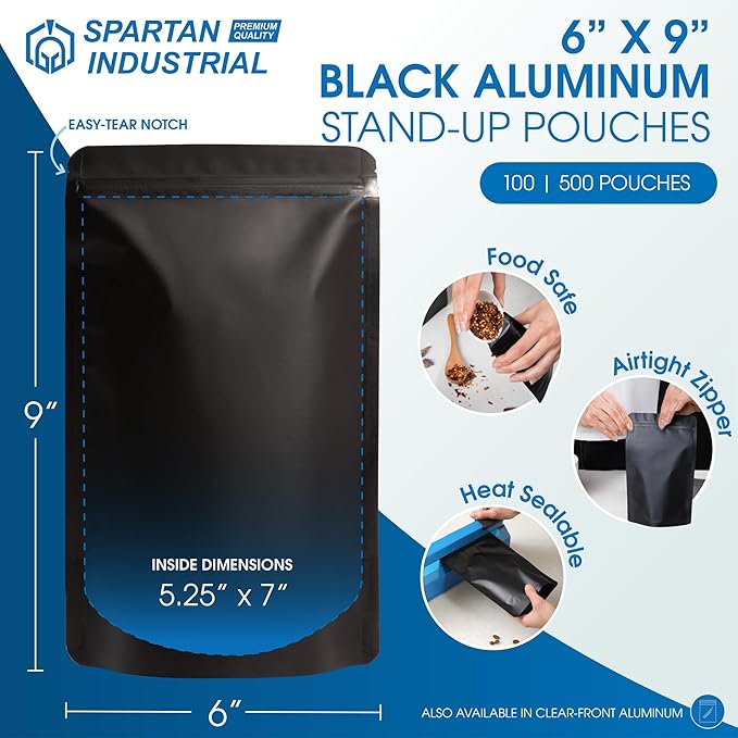 Spartan Industrial 6" X 9" Matte Black Stand-Up Mylar Bags - 500 Count Smell-Proof Bags With Heat Sealable Opening and Resealable Zipper