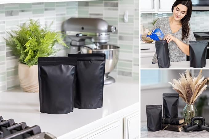 100 Pack Matte Black Stand Up Bags – 5 Mil 6.3x8.6 Inches Resealable Smell Proof Food Storage Zipper Pouch Bag, Large Heat Sealable Plastic Foil Packaging Pouches, Sample Pouch