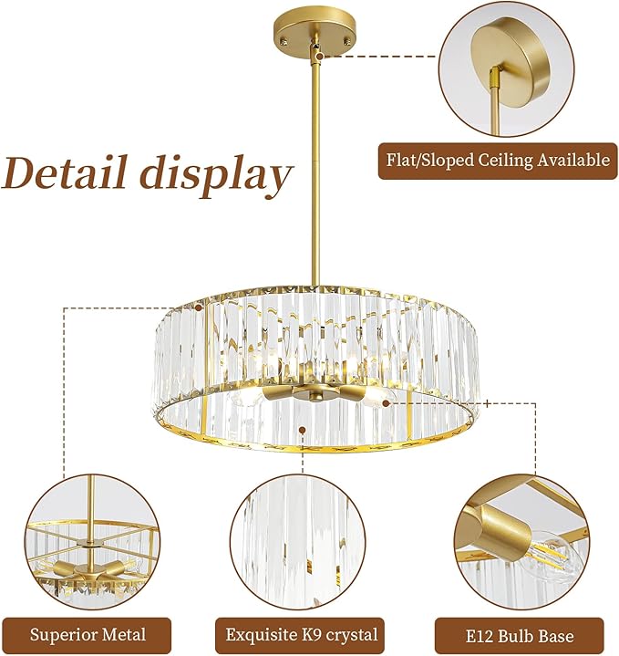 Modern Crystal Chandelier for Dining Room,16 Inch Gold Semi Flush Mount Ceiling Light Fixture,Round Kitchen Hanging Drum Pendant Lights Ceiling for Bedroom Foyer Hallway， 4-Light