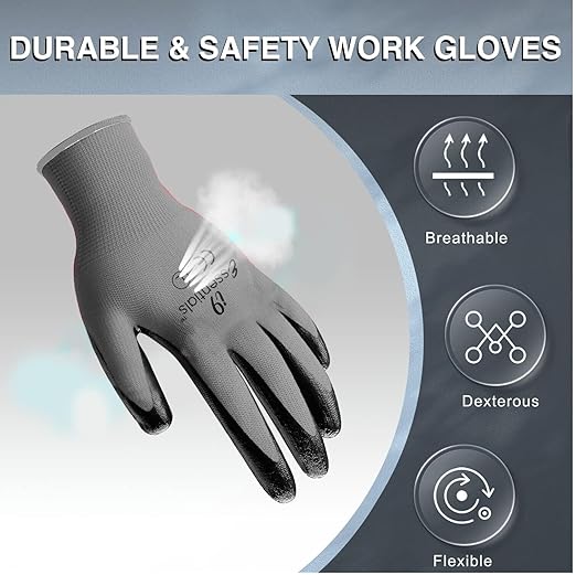 I9 Essentials 12 Pairs Nitrile Coated Work Gloves – Lightweight Grip Safety Gloves for Construction, Gardening, Warehouse, Carpentry & General Work (Large, Black/Gray)