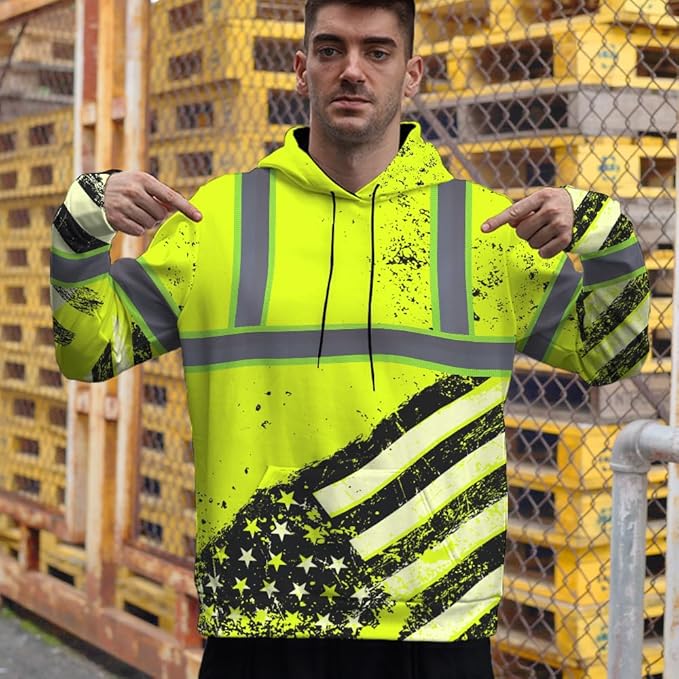 Color US Flag High Visibility Hoodie for Men Women Reflective Tapes Safety Workwear for Worker Runner Patriotic