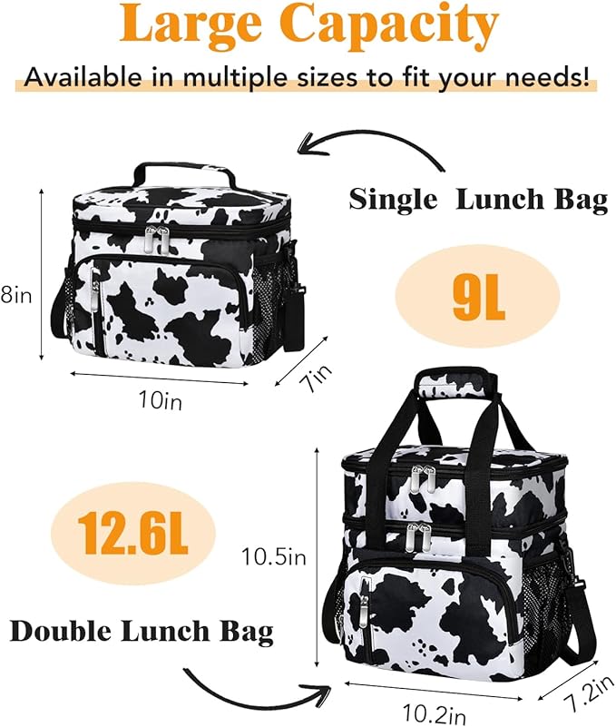 Lunch Box for Women, Double Insulated Lunch Bag Reusable Leakproof Cooler Bag Portable Picnic Food Bag, Adult Lunch Tote Lunch Bag for Work, Construction Worker, Truck Driver-Cow Print