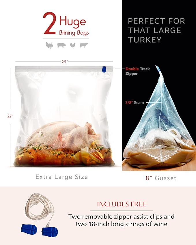 Turkey Brining Bags Set of 2 - Extra Large Holds up to 38lb - 25.5 x 21.5 inches - Heavy Duty with Gusseted Bottom - Double Track Zippers to Avoid Leaks