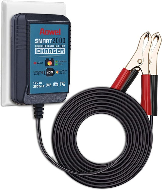 12V, 2-Amp Fully Automatic Battery Charger & Maintainer for Car, Lawn Mower, ATV, Motorcycle, Boat, Marine Lithium(LifePO4) and AGM, Deep Cycle Lead-Acid Batteries