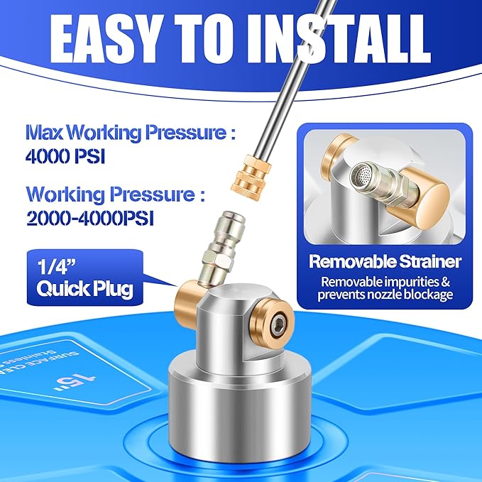 15" Pressure Washer Surface Cleaner with 4 Wheels - Coated Blue Stainless Steel Surface Cleaner for Pressure Washer Attachment for Concrete, Driveway, Patio, Sidewalk, Deck and Driveways - PWS15B