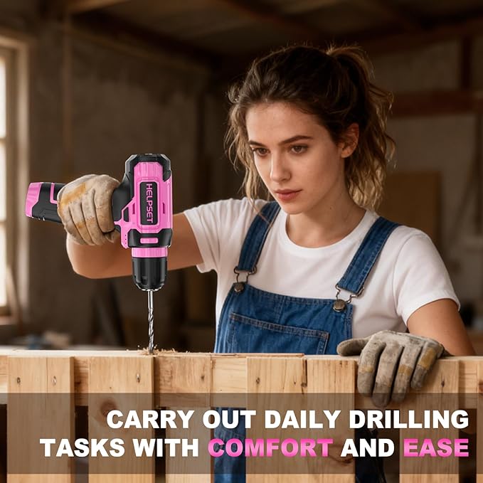 8V Cordless Drill Driver Set - 3/8" Keyless Chuck, 15pcs Drill Bits Included, Built-in LED Light for Drilling & Screwing, Comes with Toolbox for Storage (Pink)