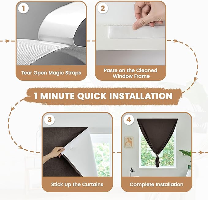 100% Blackout French Door Curtain,Adhesive, No Drilling Required,Small Curtains Designed for Installation On Doors (Dark Coffee - W25 × L40 in)