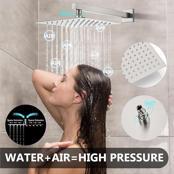 Shower Faucet Set Rainfall Shower System with Square Showerhead and Handle Set Fixture with 2 in 1 Function Handheld Sprayer Wall Mounted Trim Repair Kit Rough-in Valve 10 Inch Brushed Nickel