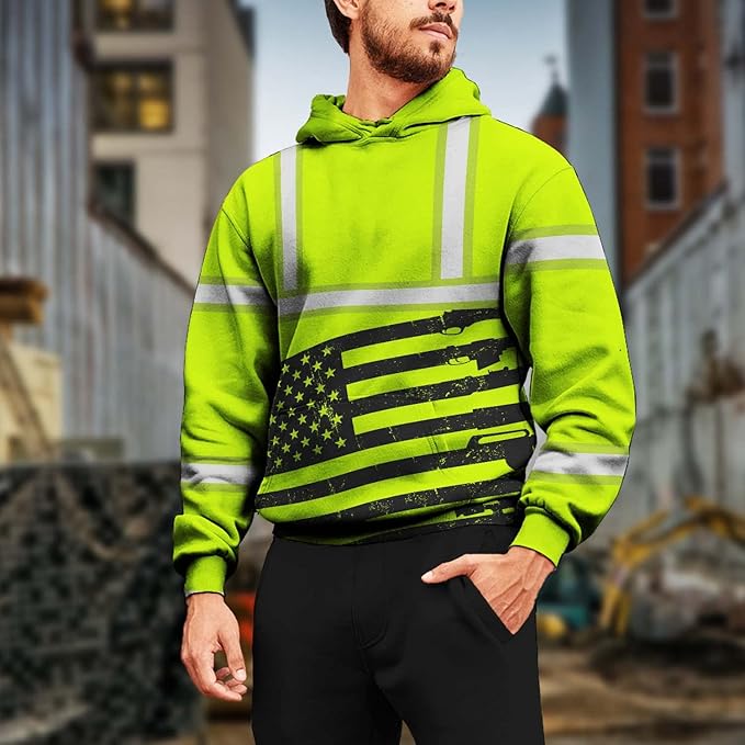 Color US Flag High Visibility Hoodie for Men Women Reflective Tapes Safety Workwear for Worker Runner Patriotic