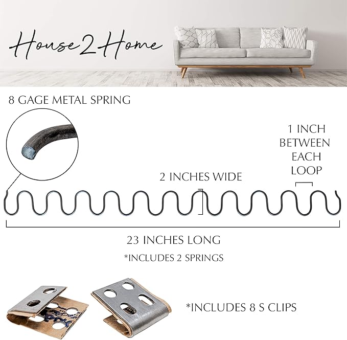 House2Home 23" Sofa Upholstery Spring Replacement, 2pk Repair Kit for Furniture Chair Couch, Includes Clips, Screws, and Instructions