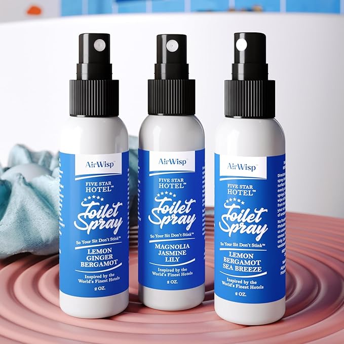 AirWisp Toilet Spray 3 Pack Variety Pack - Pre Poop Spray Odor Eliminator - Curated 5-Star Hotel Picks - 2 oz. Bottles - Up To 100 Uses Per Bottle - Travel Toiletry