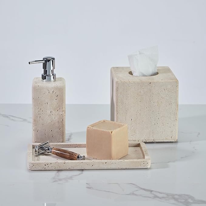 Ivory Travertine Soap Pump, Refillable Bathroom Liquid Dispenser with Stainless Steel Pump, Natural Organic Stone Hand Lotion Dispenser, Pump Bottle Dispenser for Bathroom and Kitchen Countertop