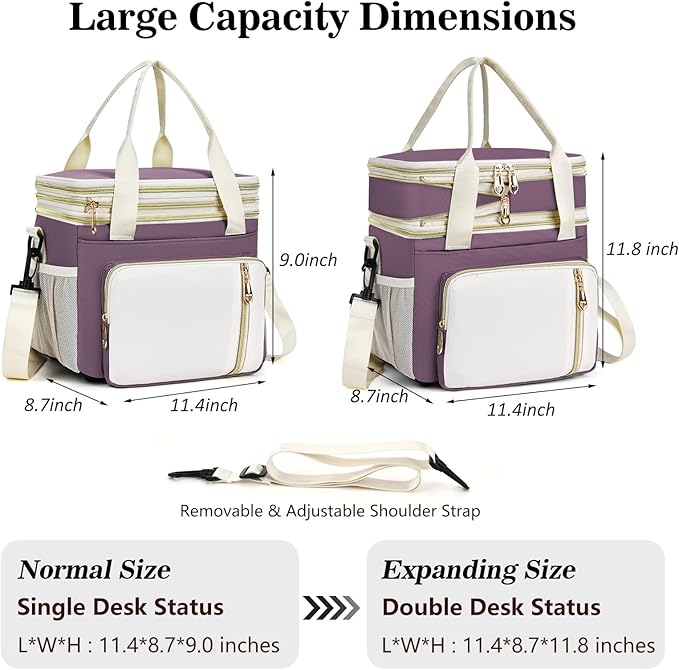 LOKASS Expandable Lunch Box for Women | Adult Lunchbag Cooler Tote Bag with Adjustable Shoulder Strap | Insulated Reusable Womens Lunch Bags for Work Camping Beach | 16L, Dark Pink