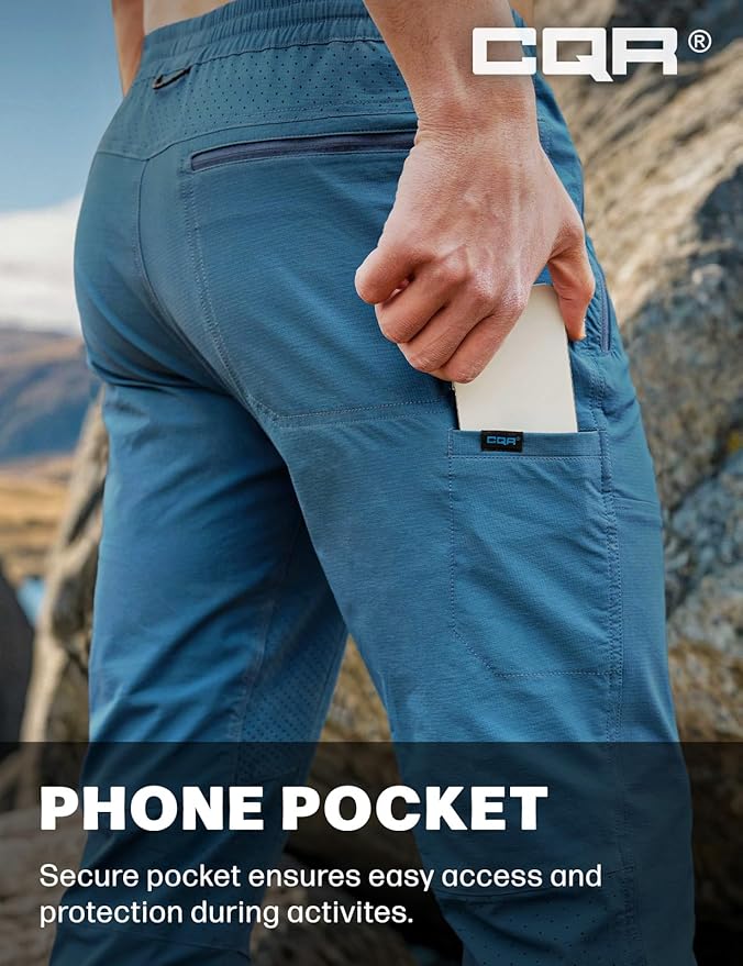 CQR Men's Lightweight Vent Hiking Pants, Water-Resistant & Breathable Sports Outdoor Athletic Pants with Elastic Waist