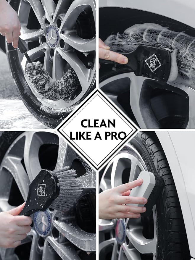 Fantasticlean 7PCS Car Wheel Cleaning Pro Kit, Tire Brush, Soft-bristled Rim Brush, Microfiber Flat Wheel Brush, Double-Ended Detailing Brush, Detailing Pads, Scratch-Free & Multipurpose