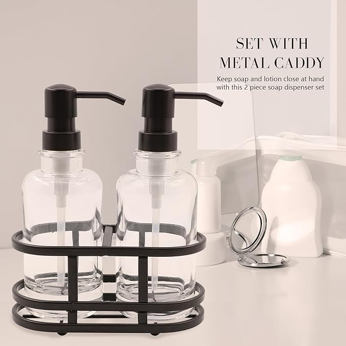 3 Piece Round Heavy Weight Glass Soap Lotion Pump Dispenser Set with Metal Caddy for Home Bath Kitchen Travel Office Hand Crafted Metal Tray Oil Rubbed Bronze
