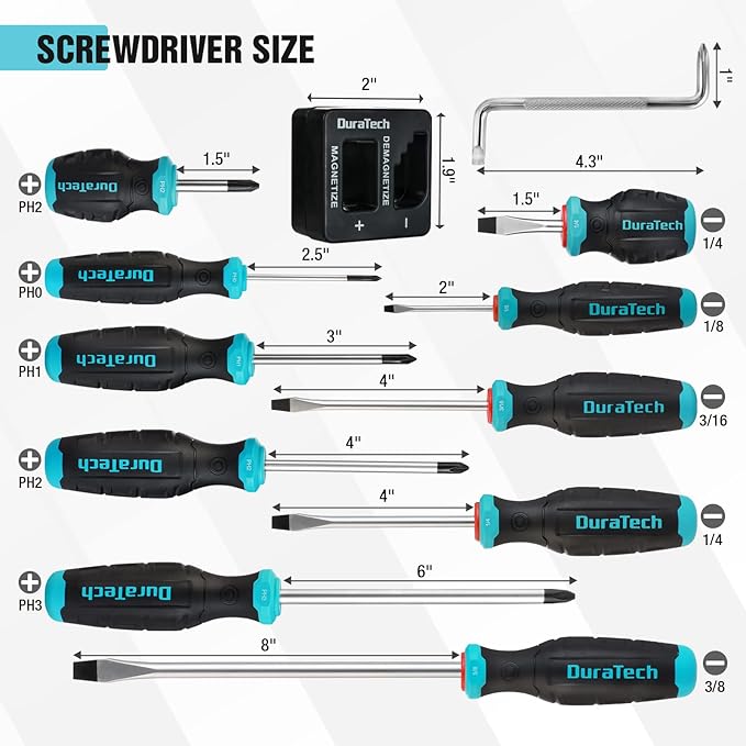 DURATECH 12-Piece Magnetic Screwdriver Set, 5 Phillips and 5 Slotted Tip S2 Alloy Steel Screwdriver Set, 1 pc Magnetizer Demagnetizer, 1 pc CR-V Offset Screwdriver, Storage Tray Included