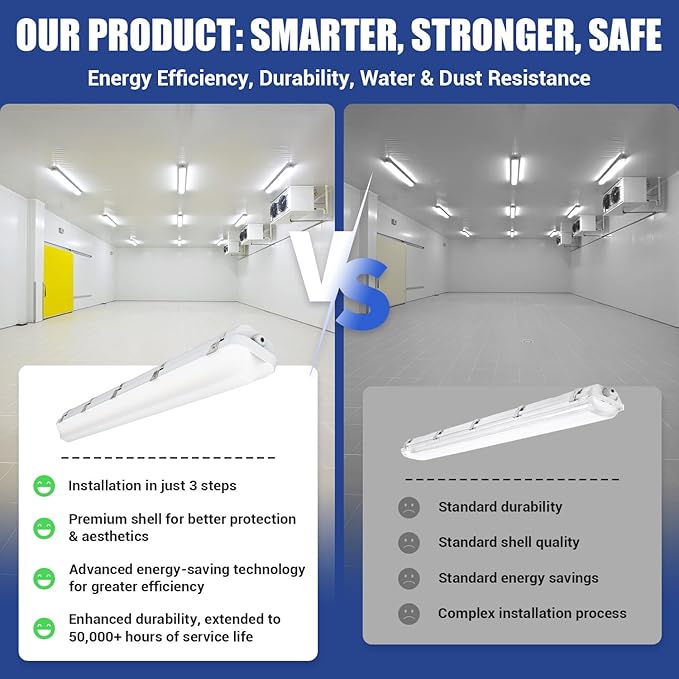 4FT LED Vapor Tight Light 60W/50W/40W,4000K/5000K/6000K CCT Selectable 7800lm (150W Eq.) IP65 Waterproof Outdoor Shop Light LED Vapor Proof Fixture for Garage Shop Barn Basement ETL 4-Pack