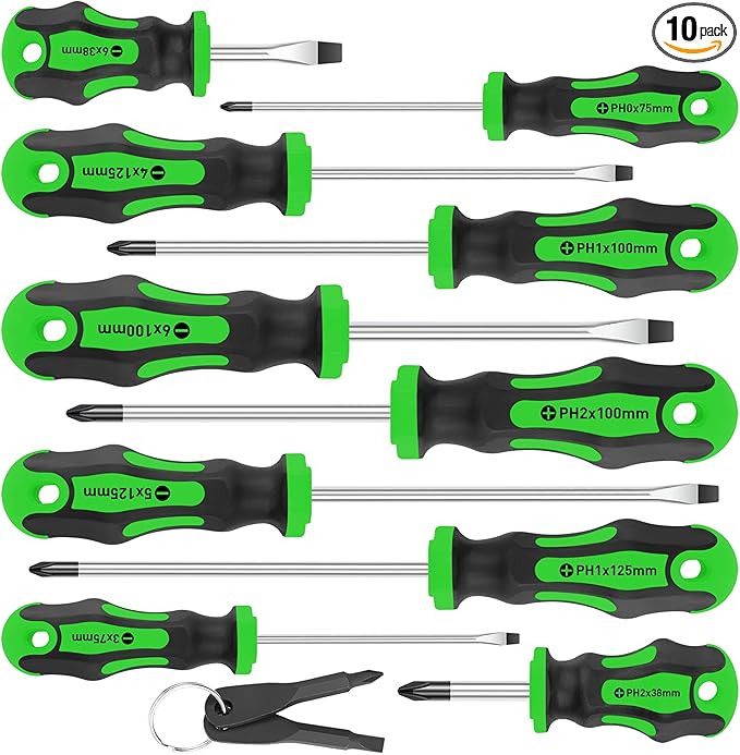Amartisan 10-Piece Magnetic Screwdrivers Set, 5 Phillips and 5 Slotted Tips Professional Cushion Grip Screwdriver Set 2pcs Portable Multifunction Key Mini Screwdriver (Green)