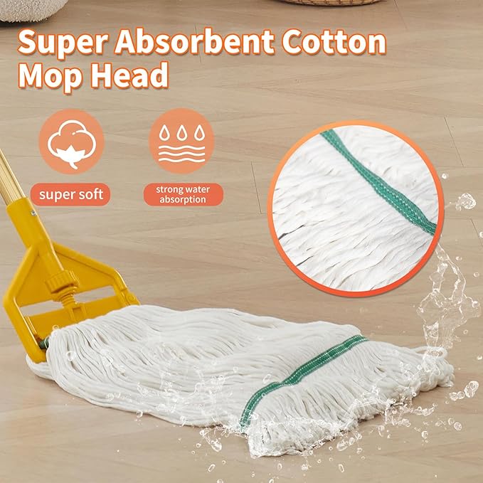 Commercial Industrial Heavy Duty Mop with Two Extra Replacement Mop Head,60" Long Handle Looped-End String Wet Cotton Mops for Floor Cleaning