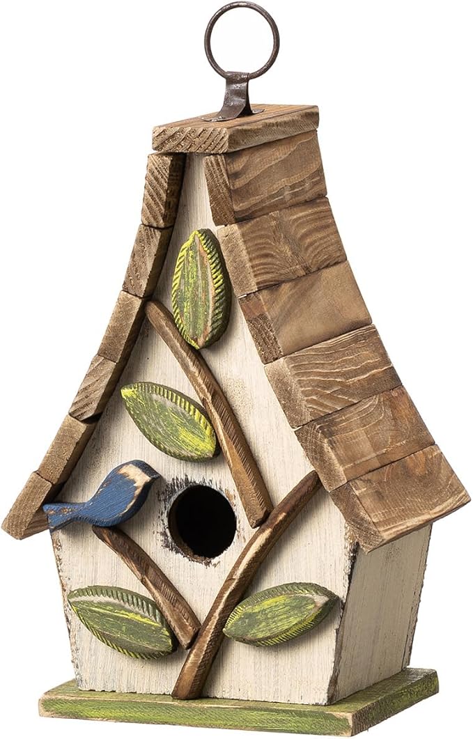 Glitzhome Bird Houses for Outside, 9.5" H Hanging Bird House Distressed Solid Wood Decorative Garden Birdhouse for Outdoors with Natural Wood Pallet Roof and 3D Tree,Washed White