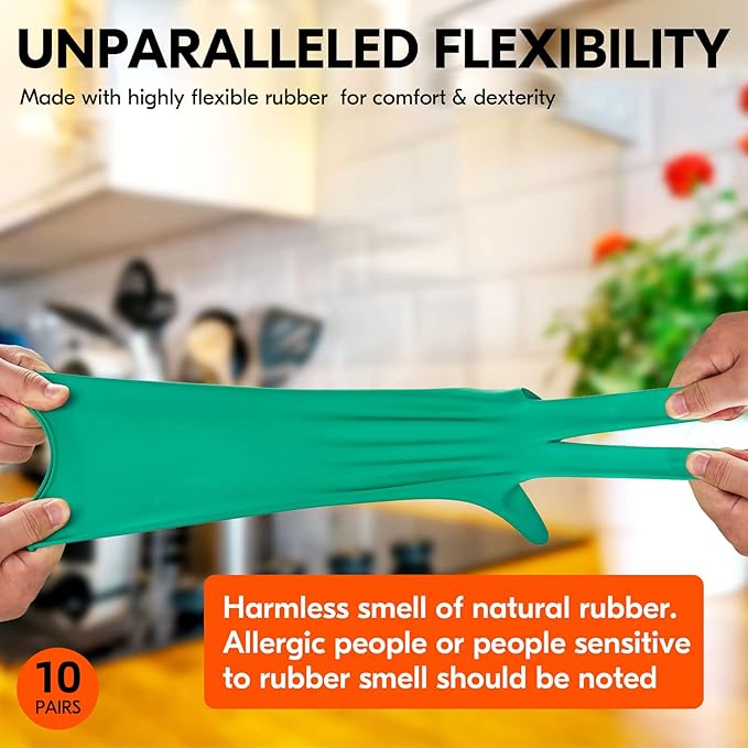 Vgo... 10-Pairs Reusable Household Gloves, Rubber Dishwashing gloves, Extra Thickness, Long Sleeves, Kitchen Cleaning, Working, Painting, Gardening, Pet Care (Size XL, Green, HH4601)