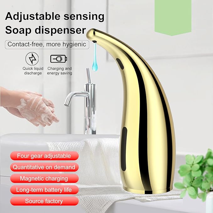 Automatic Soap Dispenser Touchless Modern Minimalist Magnetic Charging Infrared Inductio Kitchen and Bathroom Soap Pump 10oz/300ml Gold (Golden)