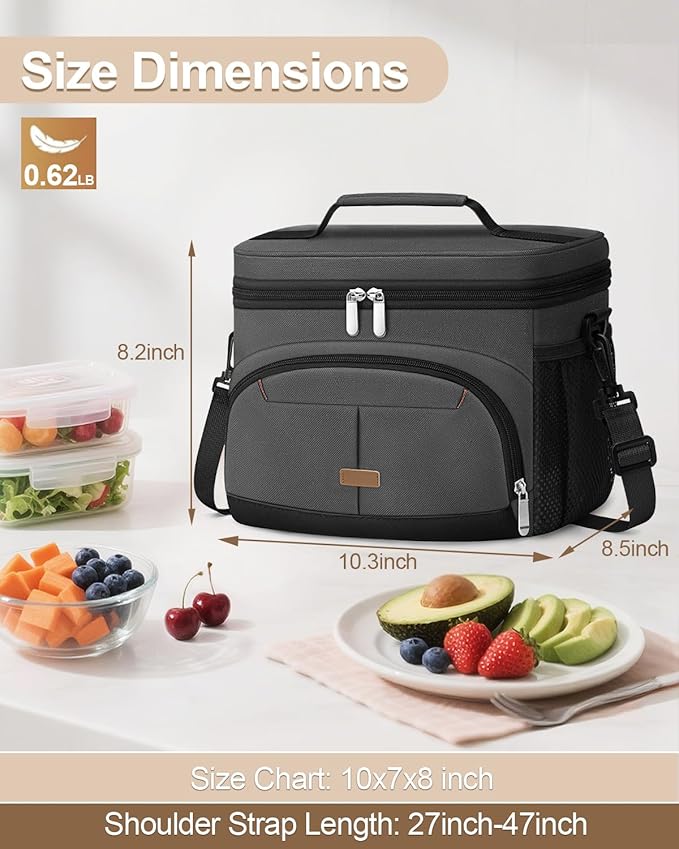 Lunch Box for Man Women, Insulated Lunch Bag Cooler Bag Leakproof Lunchbox Lunch Tote Bags with Removable Strap for Work School Picnic Travel (Grey/12L
