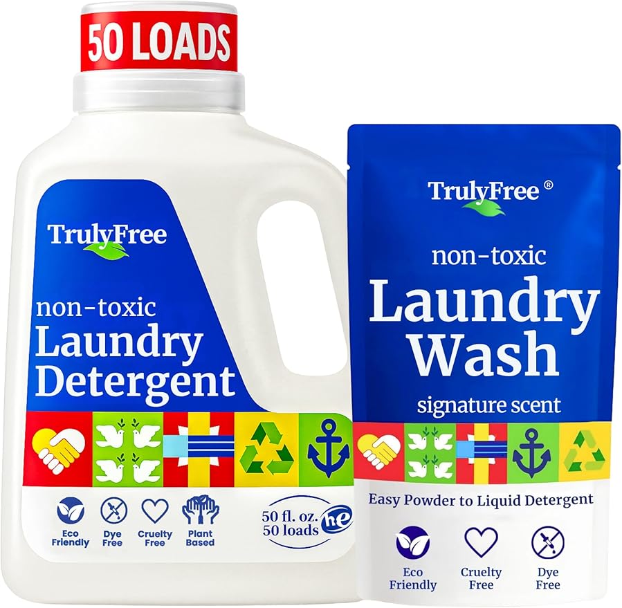 Truly Free Natural Laundry Detergent for Sensitive Skin | Eco Friendly, Plant Based, Baby Clothes Safe | Clean & Easy Powder to Liquid, 1 Pack Detergent + 1 Refillable Jug | Signature Scent, 50 Loads