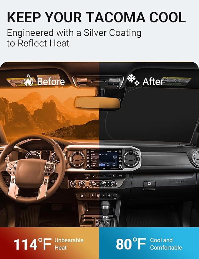 Proadsy 2025 Upgrade Windshield Sun Shade Custom Fit Toyota Tacoma 2016-2023 4-Layer Foldable Front Sunshade Protector Sun Visor Blocks UV Rays Keep Car Cooler Accessories