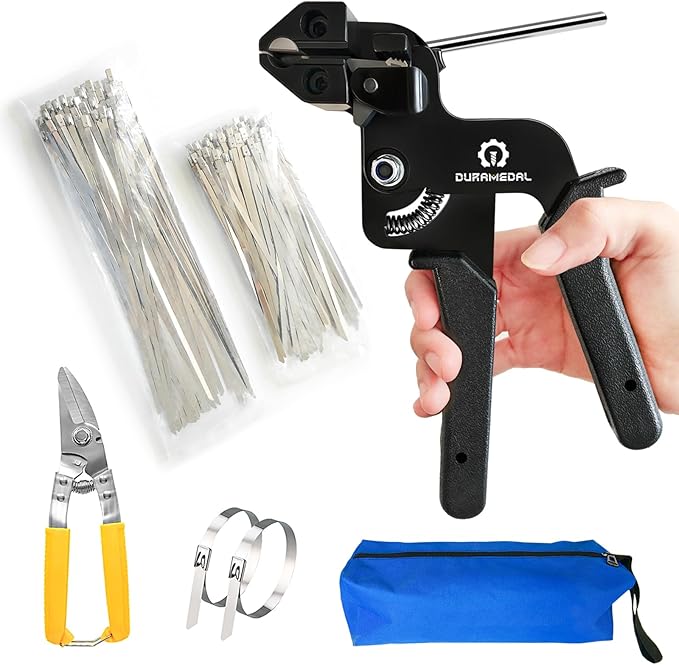 Stainless Steel Cable Tie Tool Kit with 200PCS Self-Locking Metal Wire Ties (7.9" & 11.8") - For Fencing, Cable Bundling, Exhaust Repair, and Structural Reinforcement.