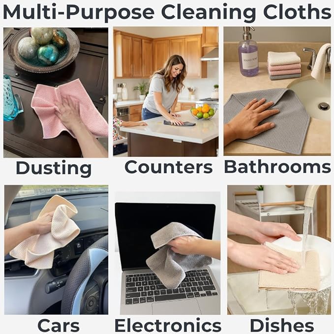 Microfiber Cleaning Cloths - 12" x 12" - Kitchen Dish Cloths for Washing Dishes - Microfiber Cleaning Rags - for Housekeeping, Dusting, Glass, Electronics, Car Interior - 6 Pack - Gray, Beige, Pink