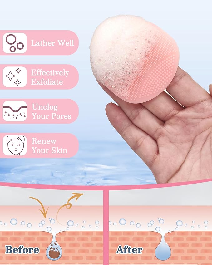 Manmihealth Silicone Back Scrubber & Soft Bath Glove Set 4 PCS(Thin Bristles), Super-Exfoliating Body Scrubber & Super-Lathering Shower Face Brush Combination, with 2 Free Hooks (Pink)