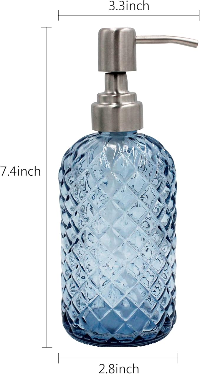 16 Oz Soap Dispenser with 304 Rustproof Stainless Steel Pump, Kitchen, Bathroom Soap Dispenser， Refillable Liquid Glass Soap Dispenser for Hand Soap, Soap, Lotion. (Blue-2pack)