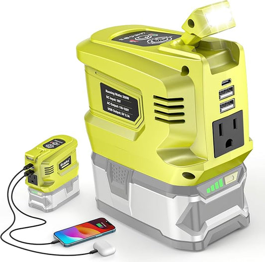 Portable Power Inverter Compatible with Ryobi,Ecarke Real 200W Outdoor Generato Battery Converter with 2 USB&LED&AC Powered Outlet,Convert DC 18V to AC 110V Portable Power Station(No Battery)