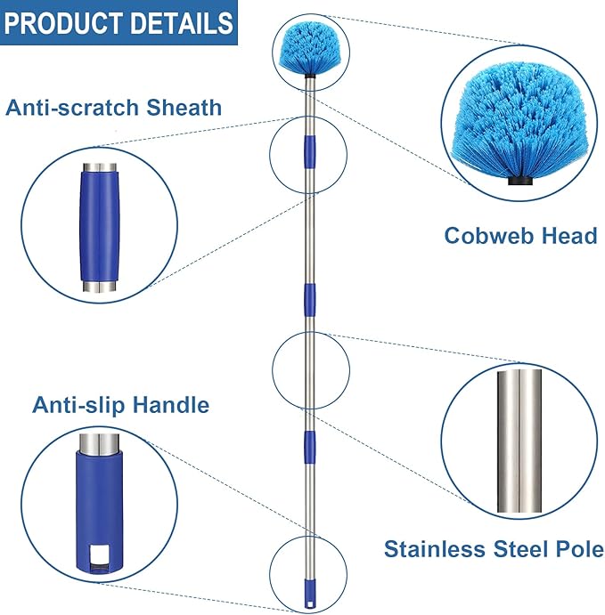 Cobweb Duster with Pole, 6ft Stainless Steel Pole Cobweb Brush with Medium-Stiff Bristles for Walls Beams Shelves Iight Fixtures and Window Screens