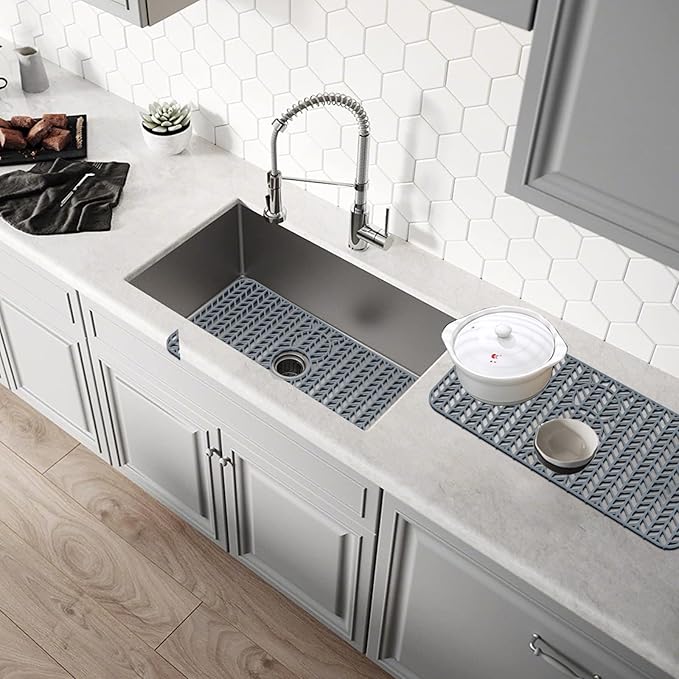 GUUKIN Sink Protectors for Kitchen Mat - 29"x 15.35" Silicone Kitchen Sink Mat Grid for Bottom of Farmhouse Stainless Steel Porcelain with 3 Reserved Holes（Grey）