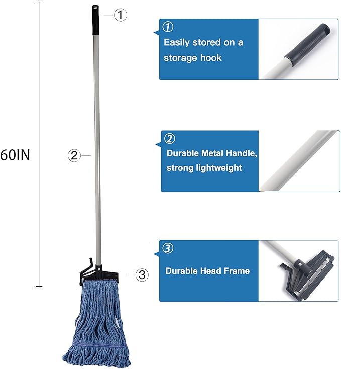 Matthew Easy Trigger Release Mop Handle 60 inch Metal Mop Stick,Commercial Mop Head Replacement Holder for Floor Cleaning,Clip On Mop Handle Quick Change for Wet Mop Handle - 12Pack Gray
