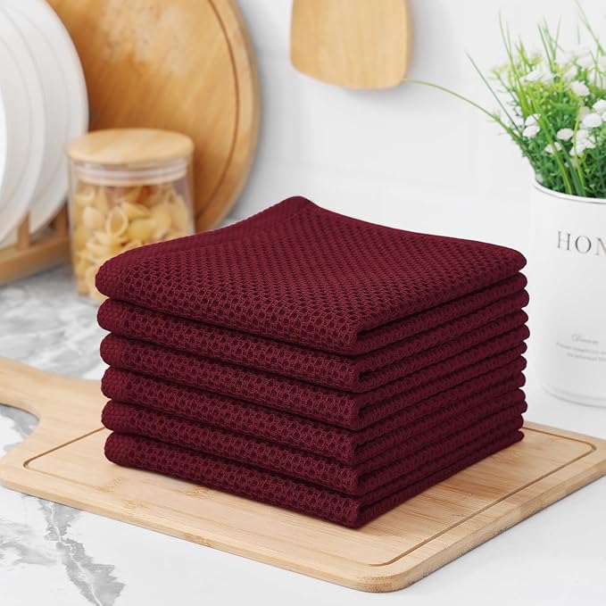 Kitinjoy 100% Cotton Kitchen Dish Cloths, 8 Pack Waffle Weave Ultra Soft Absorbent Dish Towels for Drying Dishes Quick Drying Kitchen Towels Dish Rags, 12 X 12 Inches, Burgundy