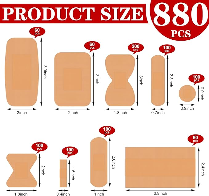 VAIPI 880 Pack Bandages Variety Pack Waterproof Fingertips Bandages Various Sizes First Aid Supplies Assorted Adhesive Fabric Bandage Bulk Breathable Butterfly Bandage for Wound Care (9 Styles)