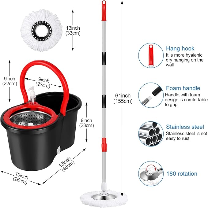 Spin Mop and Bucket with Wringer Set, 360° Spinning Mop Bucket System with 3 Microfiber Mop Replacement Heads and 61" Stainless Steel Adjustable Handle for Floor Cleaning (20QT)