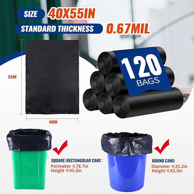 120 Count 55-60 Gallon Trash Bags, Tear-Free Large Black Garbage Bags for Kitchen, Office, Outdoor, Commercial Use, Lawn and Leaf Bags, Lightweight 17 Micron Design for Daily Dry Waste