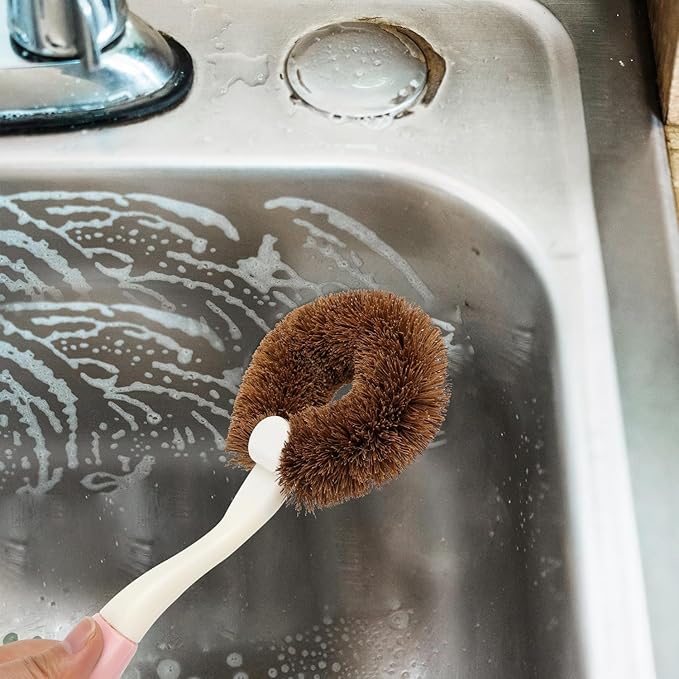 2 Pack Kitchen Scrub Brushes for Cleaning Dish Brush with Handle for Pans, Pots, Kitchen Sink Cleaning Scrub Brushes (Coconut Fiber)