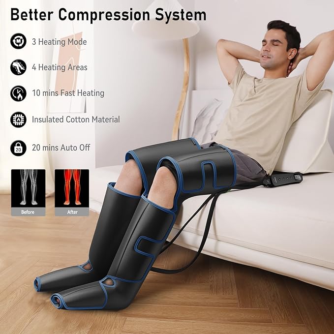 QUINEAR Leg Massager for Circulation and Pain Relief, Full Leg Compression Massager with Heat 2 Extender 3Heat 3Mode 3Intensity Sequential Compression Boots for Cramps Edema Swelling
