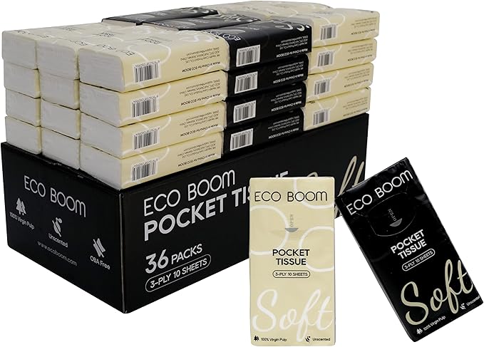 ECO BOOM Soft Pocket Tissues, Travel Size, 3-Ply, Hypoallergenic, 144 Packs, Eco-Friendly Facial Tissues for Car, Purse, and School