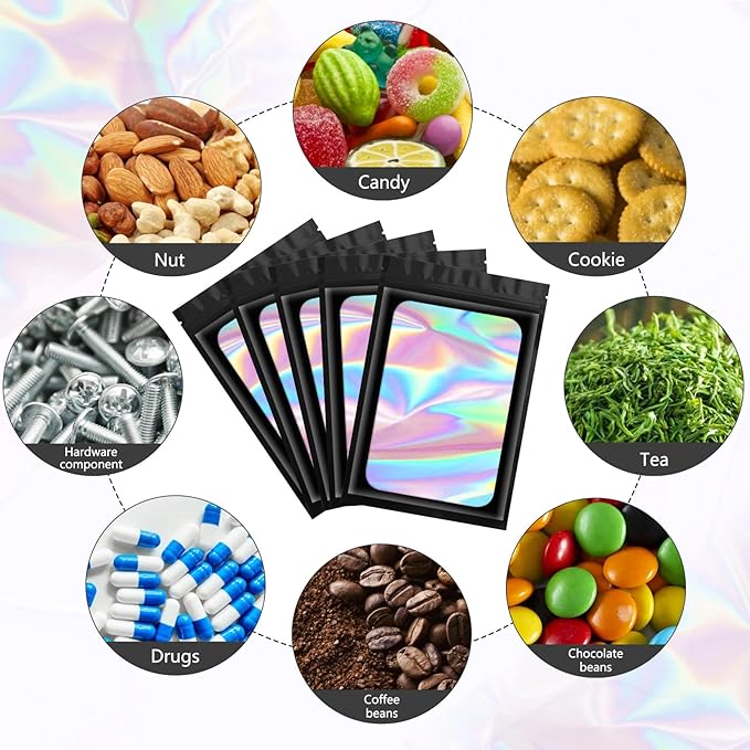 Funfery 100 pcs Black Smell Proof Mylar Holographic Packaging Bags,Clear Resealable Odor Proof Bag Foil Pouch Zipper Bag for Food Storage,Gloss,Jewelry,Eyelash Packing for Small Business(4x6In)